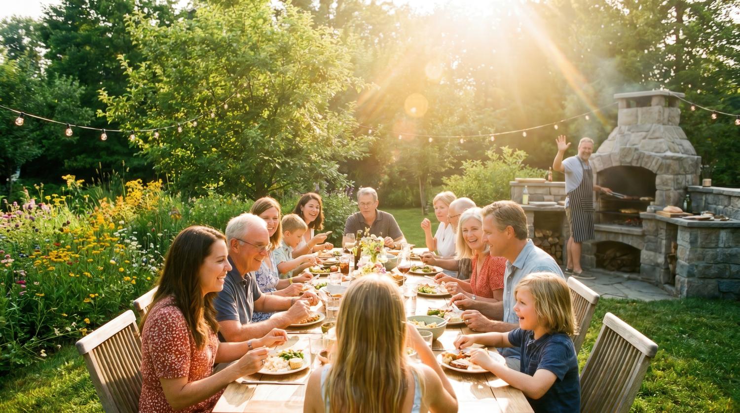 A family sharing a meal together outdoors