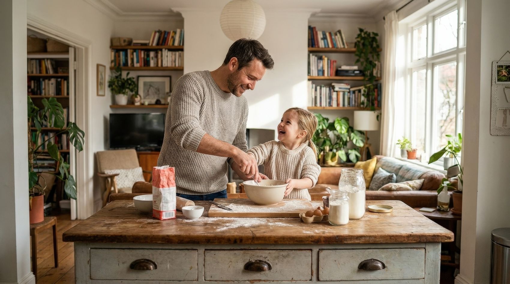 A father and young daughter together at home